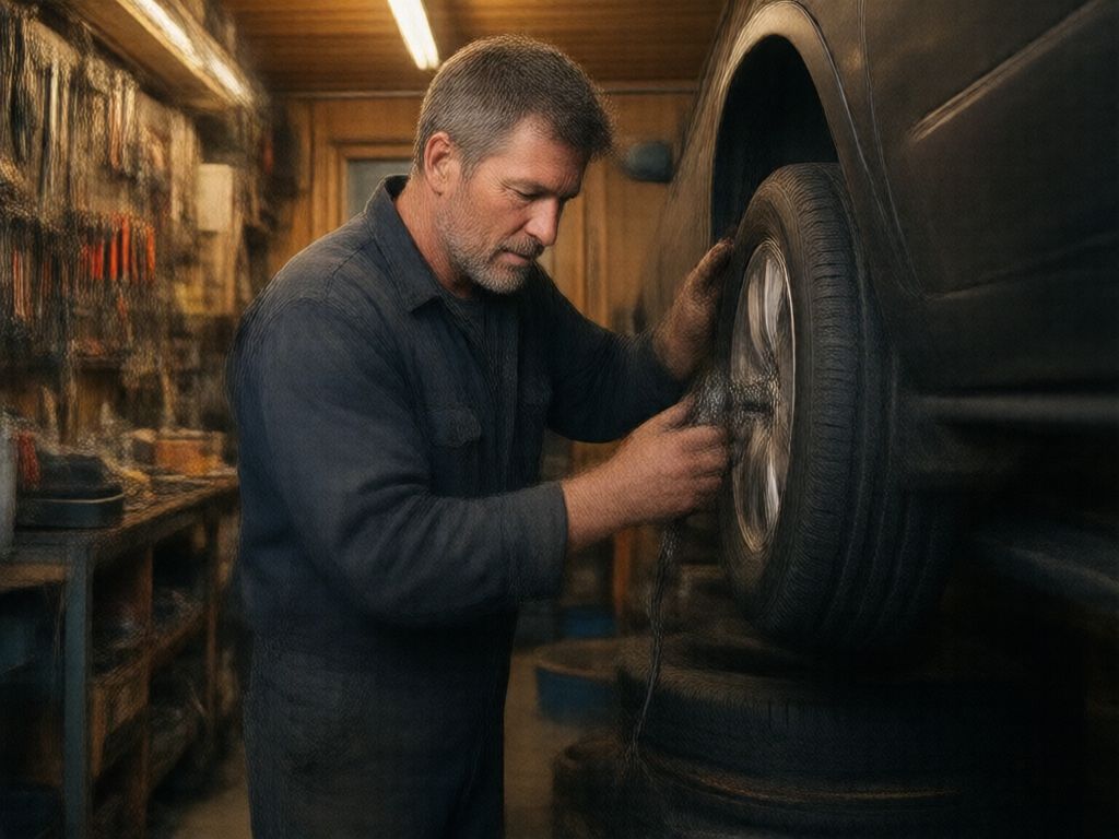 Father working on car tire in garage