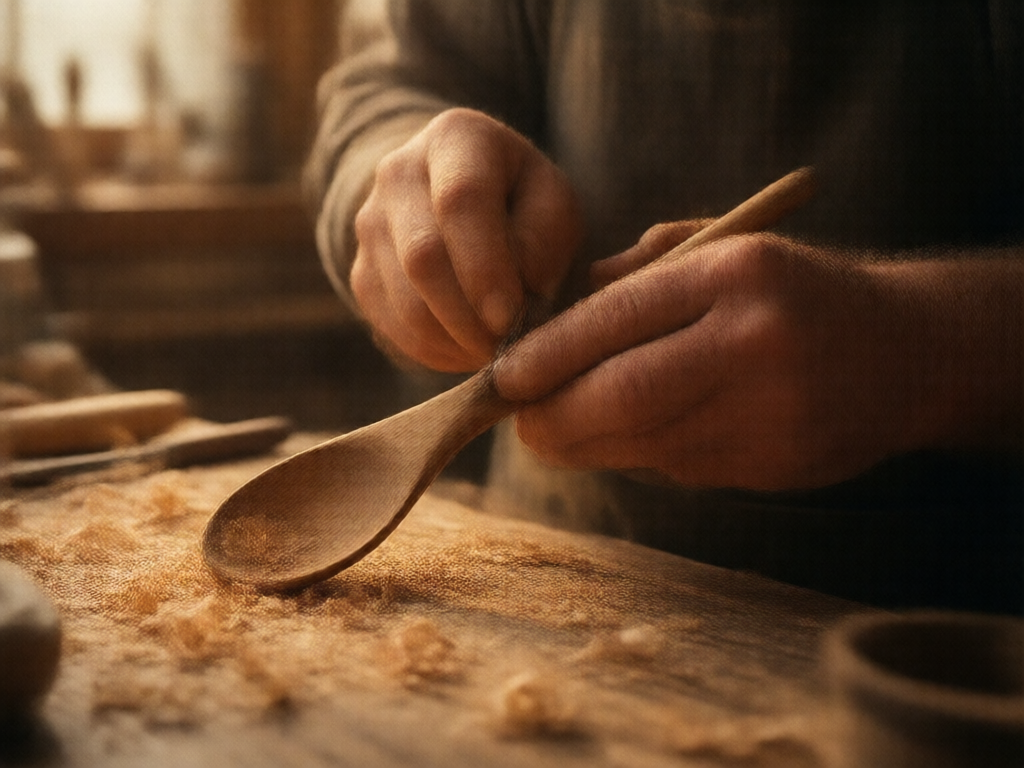 Fatherβs hands carving a wooden spoon